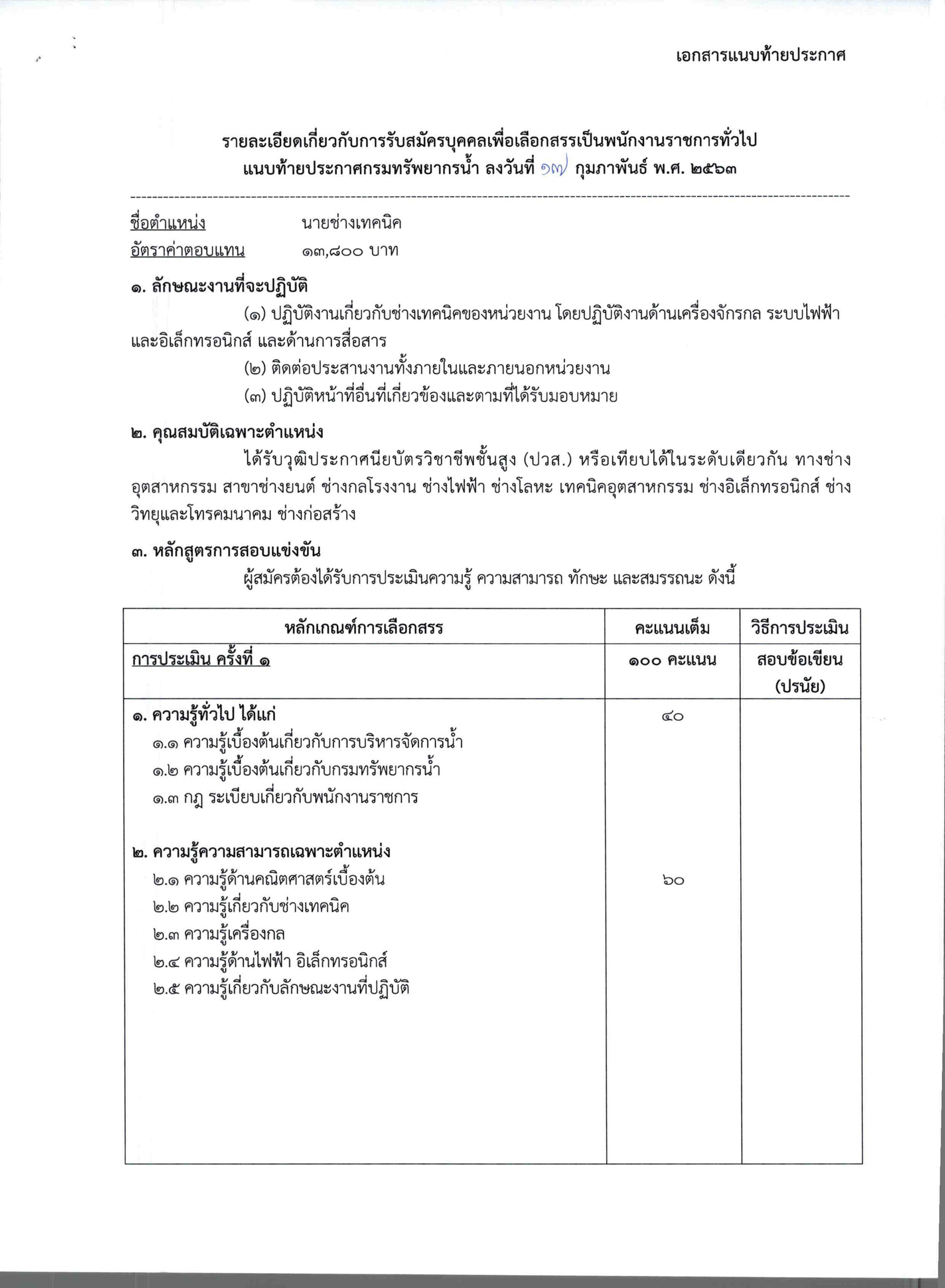 กรมทรัพยากรน้ำภาค 1 ลำปาง รับสมัครนายช่างเทคนิค 1 อัตรา